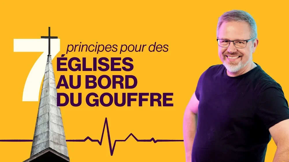 Un clocher d’église surmonté d’une croix devant un grand chiffre 7, une ligne de pouls qui se remet à battre et Christian Holfeld souriant, sur fond jaune