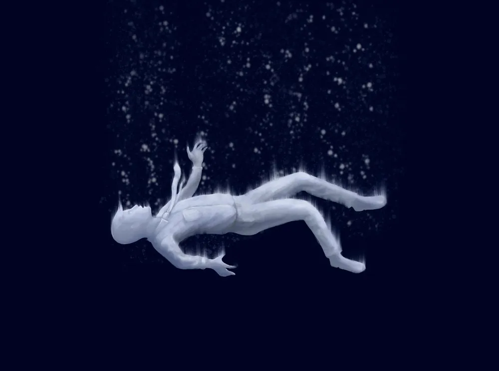 Une silhouette humaine blanche flotte dans l’obscurité, comme en chute libre