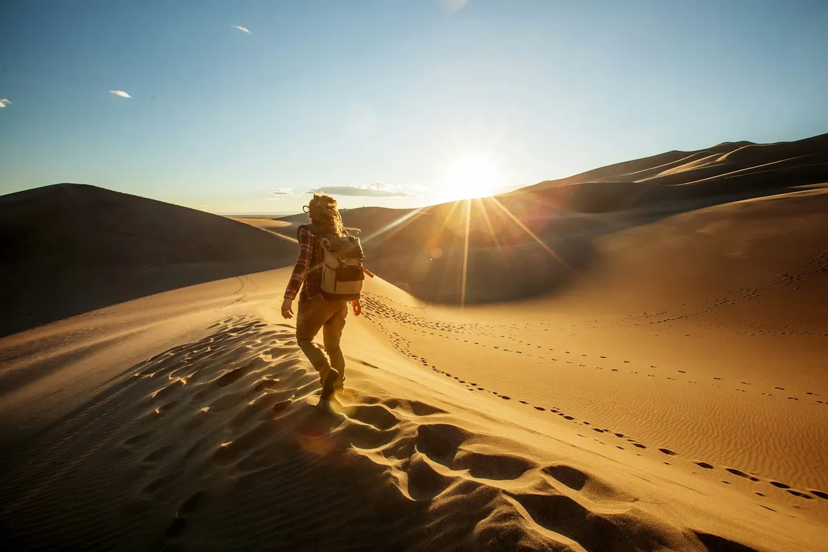 Un voyageur qui marche dans le désert