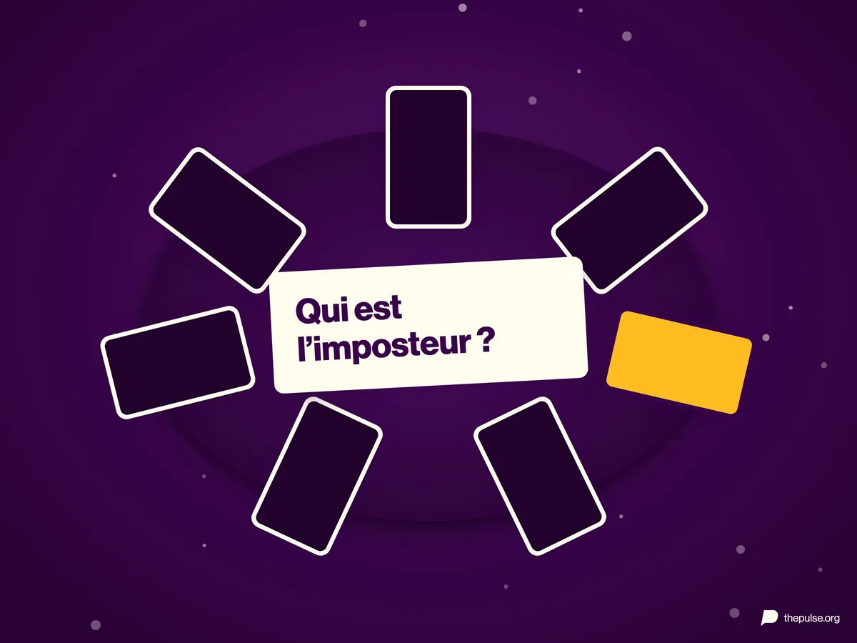 Des téléphones disposés en cercle sur une table, l’un d’eux jaune, et au centre la question « Qui est l’imposteur ? »