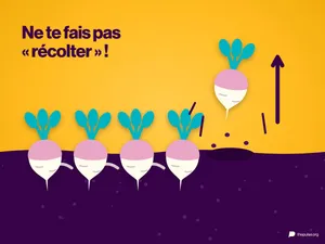 Une rangée de navets plantés dans la terre, accrochés sous terre, l’un est en train d’être arraché ; au-dessus : Ne te fais pas « récolter » !