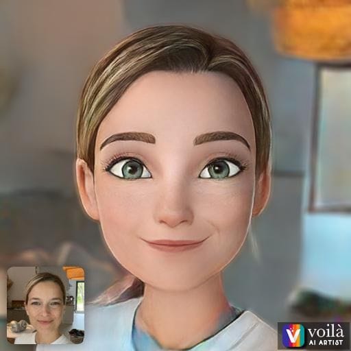 Portretul unei femei în stil de desen animat 3D, cu fotografia originală într-un colț