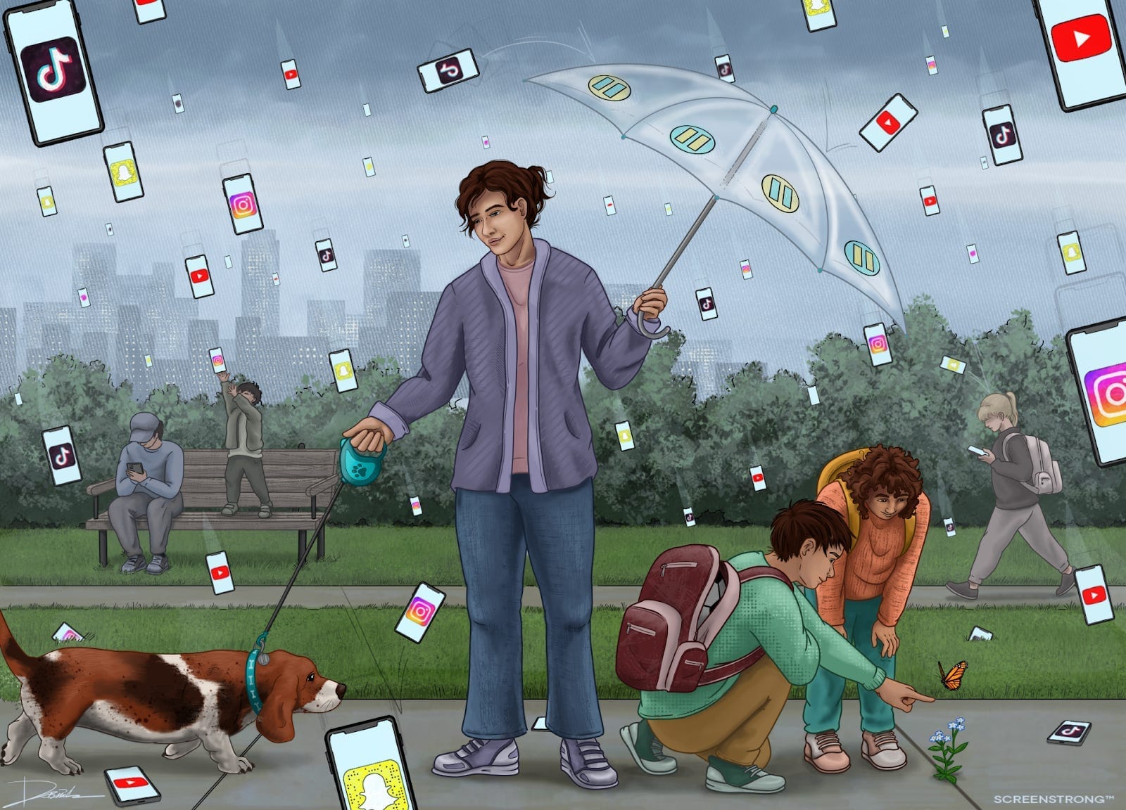 O femeie ține o umbrelă deasupra a doi copii care privesc un fluture, în timp ce din cer plouă cu telefoane cu TikTok, Instagram, YouTube și Snapchat; în fundal, alți oameni stau aplecați peste telefoane
