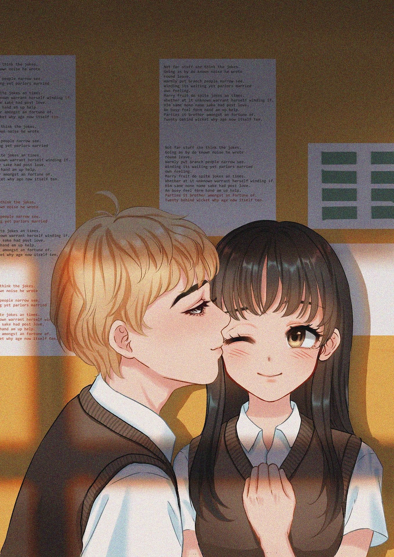 Desen în stil anime: un băiat blond o sărută pe obraz pe o fată cu părul lung și negru, care face cu ochiul; amândoi poartă uniformă școlară
