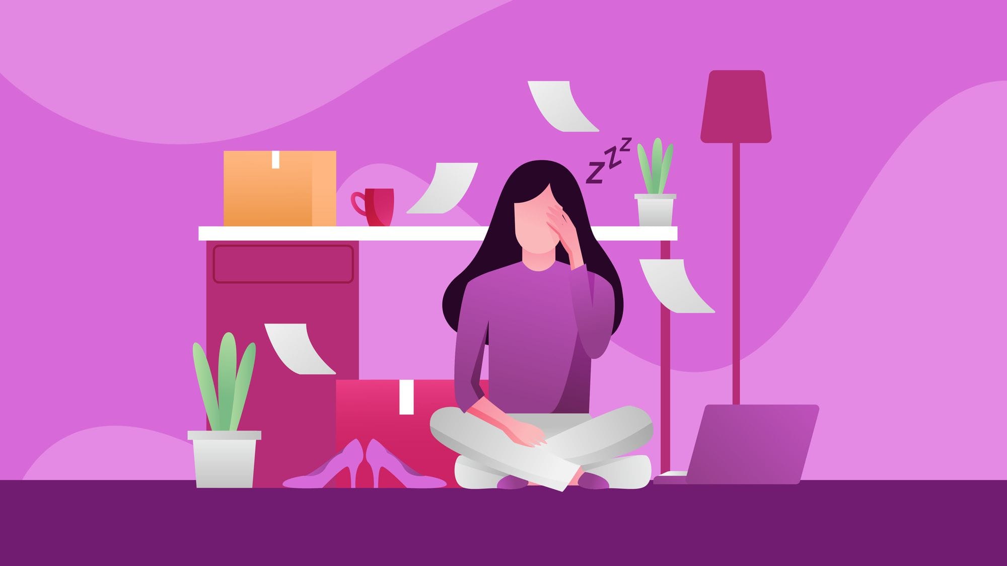 Ilustrație: o tânără așezată pe jos, care cască de plictiseală