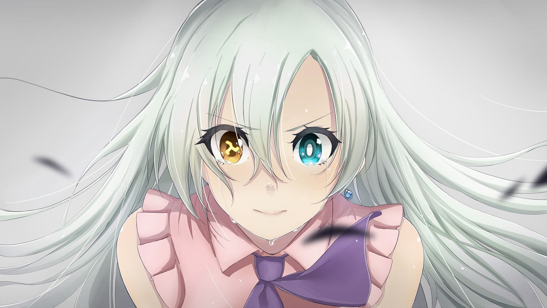Desen în stil anime: o fată cu părul lung, alb-verzui, plânge; are un ochi auriu și unul turcoaz