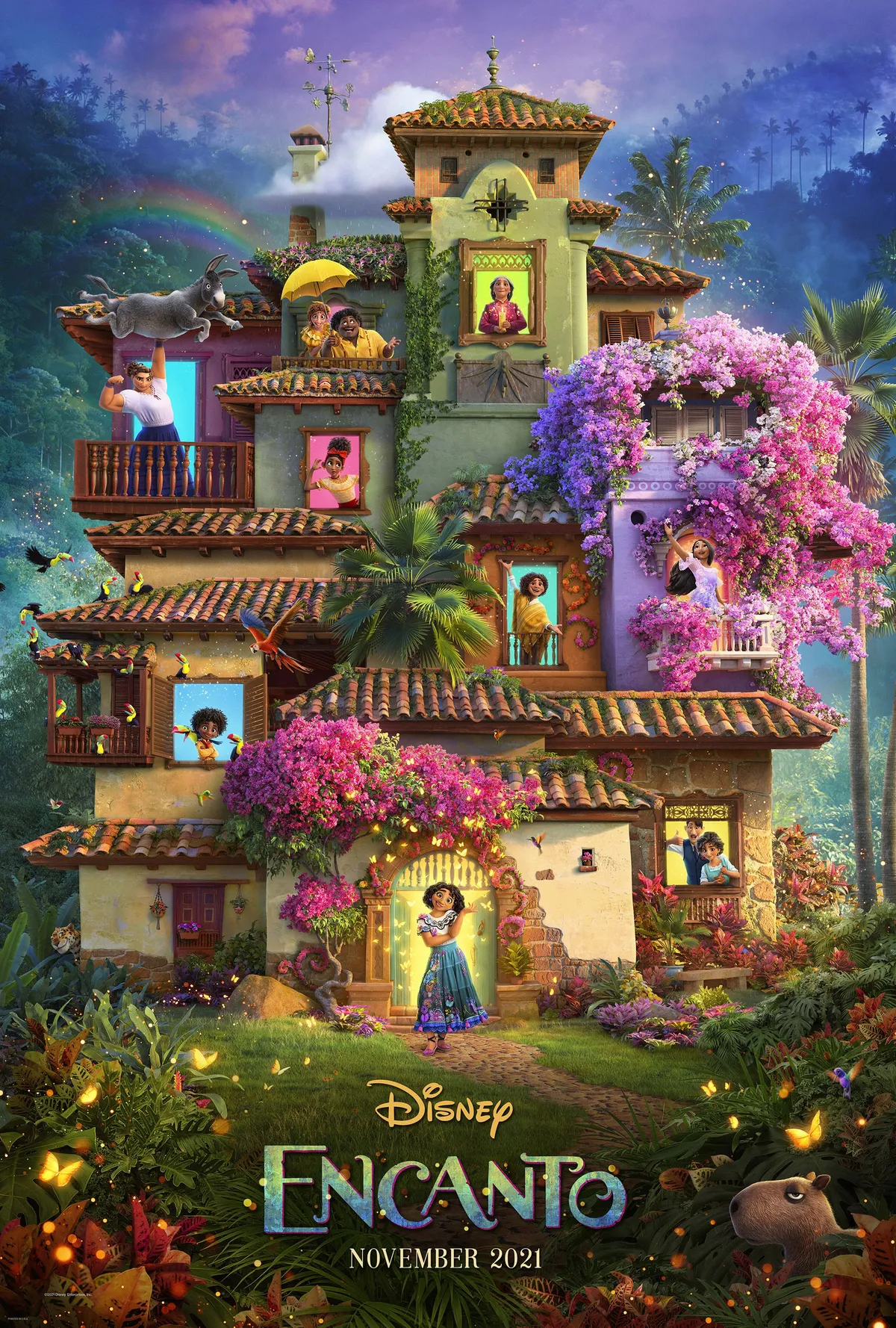 Afișul filmului „Encanto”: casa colorată a familiei Madrigal, cu membrii familiei la ferestre și Mirabel în fața ușii