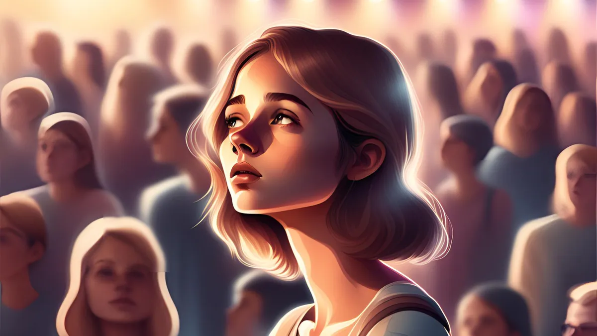 Ilustrație: o tânără privește în sus, în mijlocul unei mulțimi