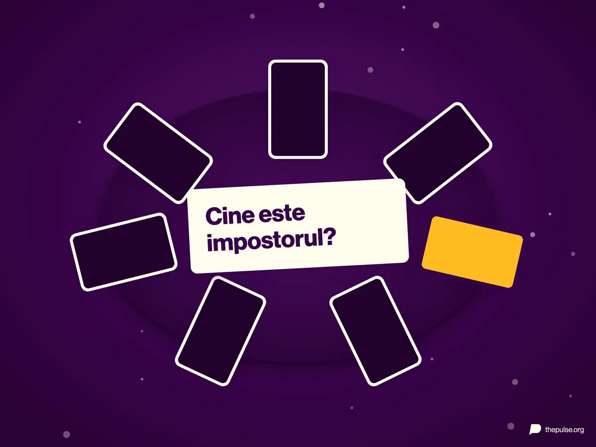 Telefoane așezate în cerc pe o masă; în mijloc, întrebarea „Cine este impostorul?”