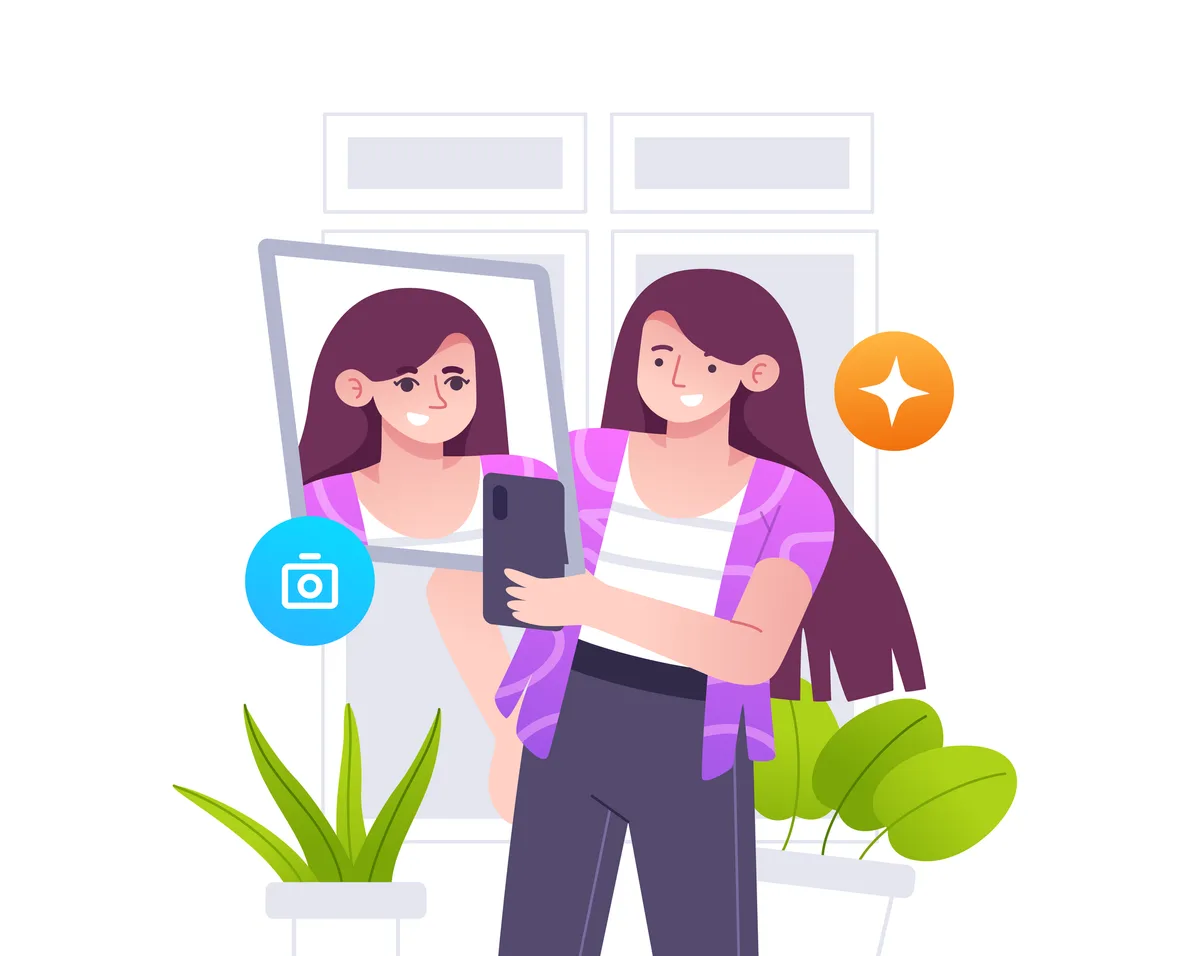 Ilustrație: o tânără cu telefonul în mână, lângă o ramă cu portretul ei