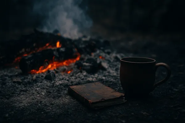 Jar care încă arde mocnit într-o grămadă de cenușă din care se ridică fum, iar în față o carte veche, tocită, și o cană închisă la culoare