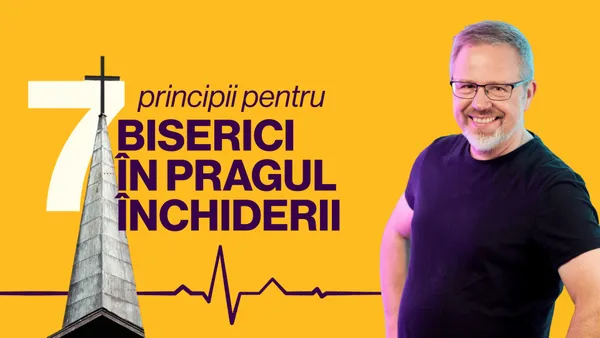 Turla unei biserici cu cruce în fața cifrei 7, o linie de puls care bate din nou și Christian Holfeld zâmbind, pe fundal galben