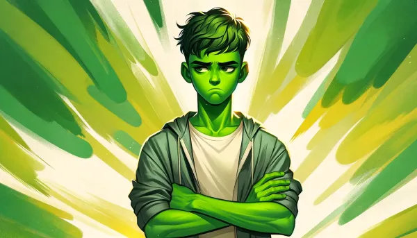 Ilustrație: un adolescent cu pielea verde, cu brațele încrucișate și privirea îmbufnată, pe un fundal cu tușe verzi și galbene