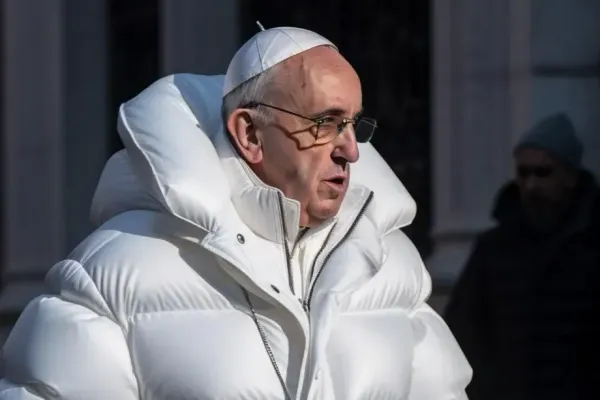 Imagine generată cu AI: papa Francisc pe stradă, într-o geacă de puf albă, supradimensionată